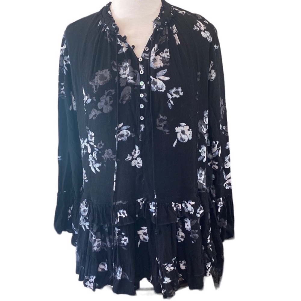 Free People Black Floral Tunic Top